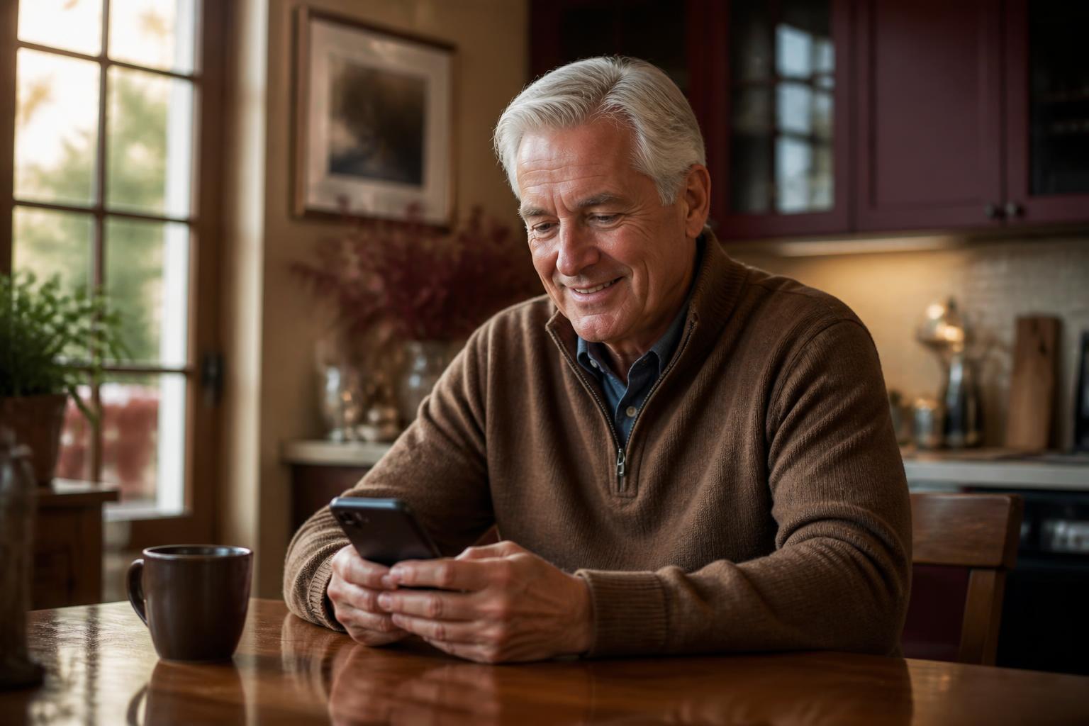 A well-groomed older man at his kitchen table smiling at the recording link that arrived on his phone