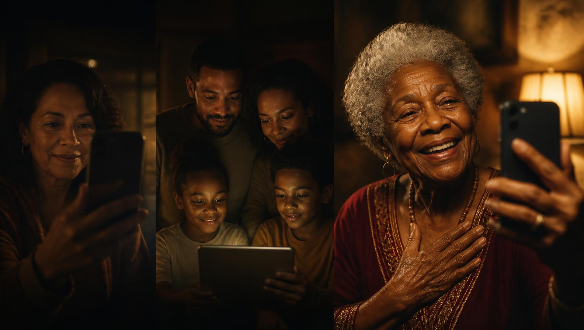 A collage of people recording and watching their stories, led by a grandmother telling hers on her phone