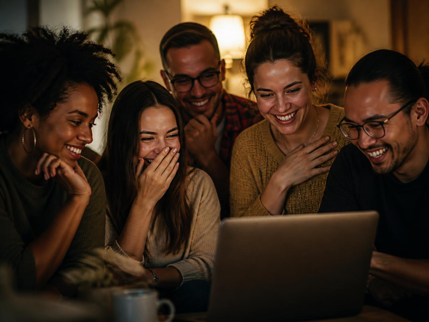 Friends of different ages laughing together while watching an Ovation video